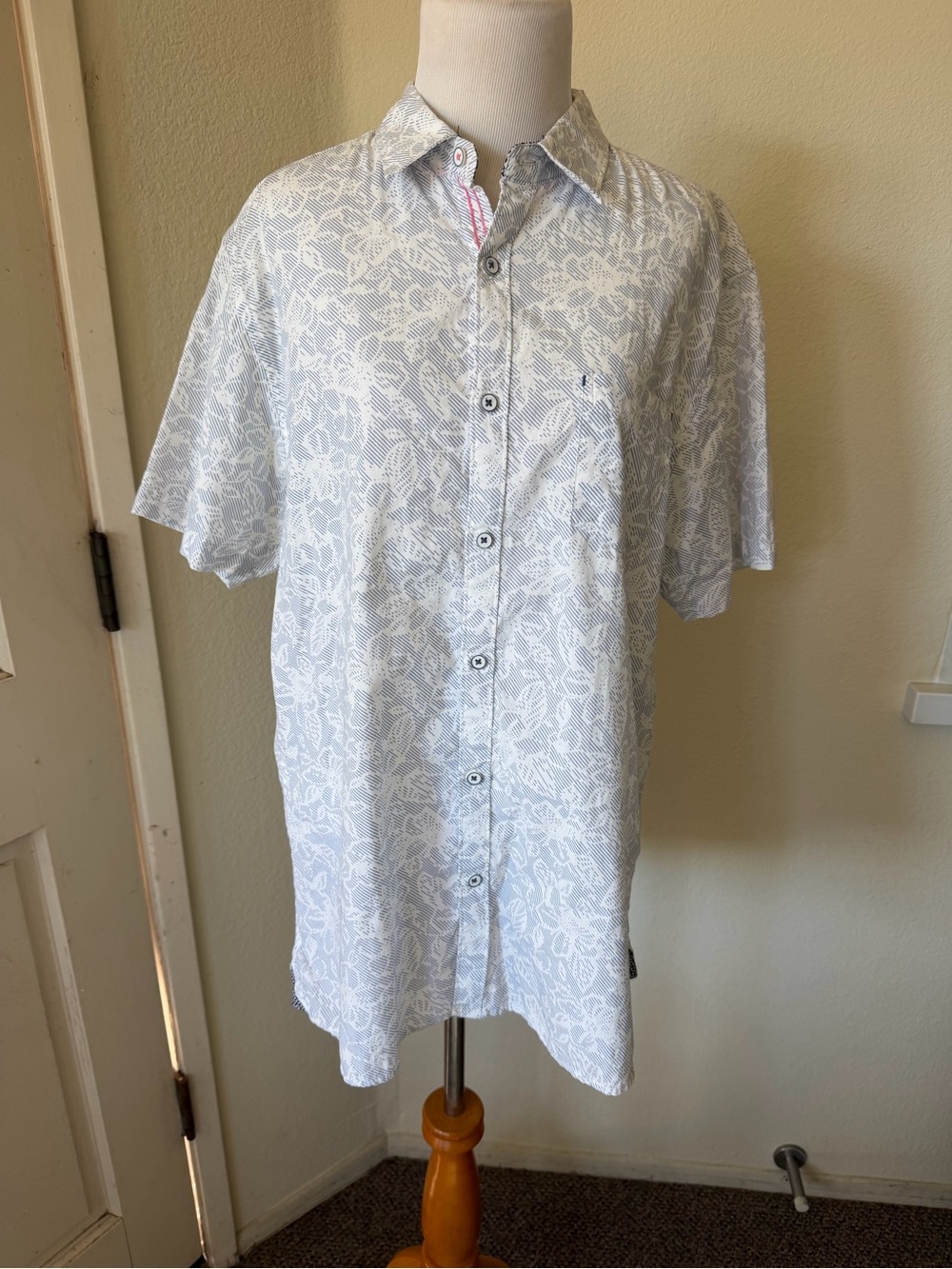 Men’s White Patterned Button-Down Shirt with Navy Trim- Across the Pond
